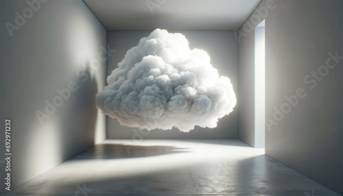 Surreal scene where a room is filled with cloud-like formations, almost entirely occupying the space