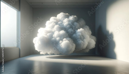 Surreal scene where a room is filled with cloud-like formations, almost entirely occupying the space