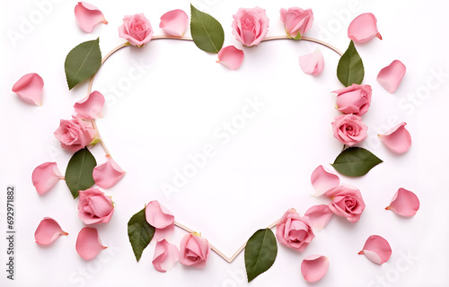 Creative layout with rose, leaves and heart shape frame paper card on the top isolated on a white background top view © wolfelarry