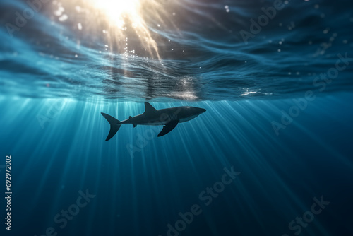 The shadow of a majestic shark looming in the depths of the ocean under the sun