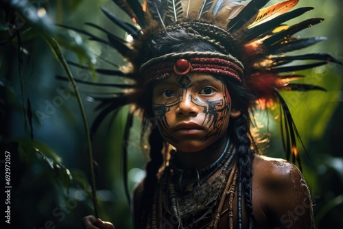 A portrait capturing a boy with the rich cultural heritage, showcasing tribal traditions, headdress, and ancient rituals in Papua.
