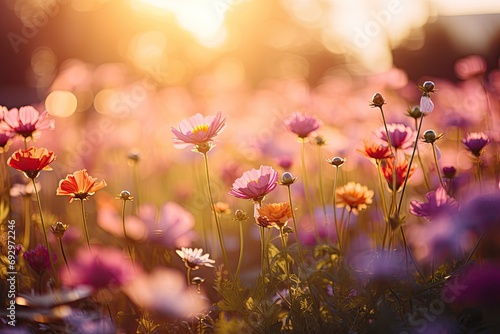 A serene summer meadow adorned with vibrant pink cosmos flowers, basking in the golden sunrise.