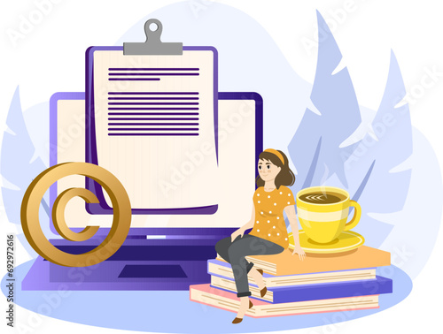 Copywriter illustration. Editor and copywriting services online. Tiny people copywriters checking grammar and spelling document page. Vector illustration on white background