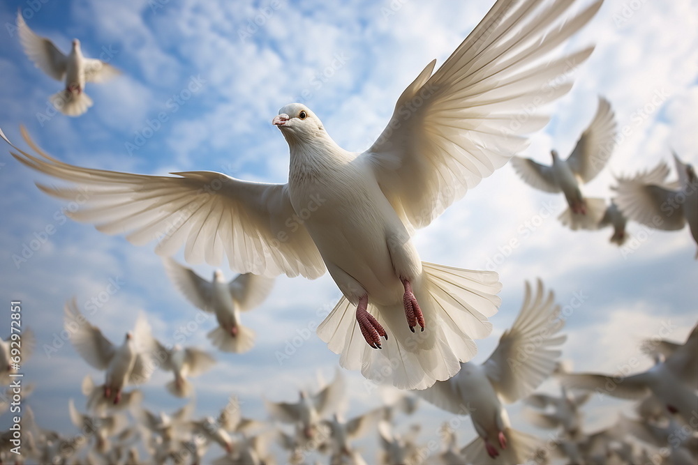 Obraz premium many pigeons flying , cloudy background