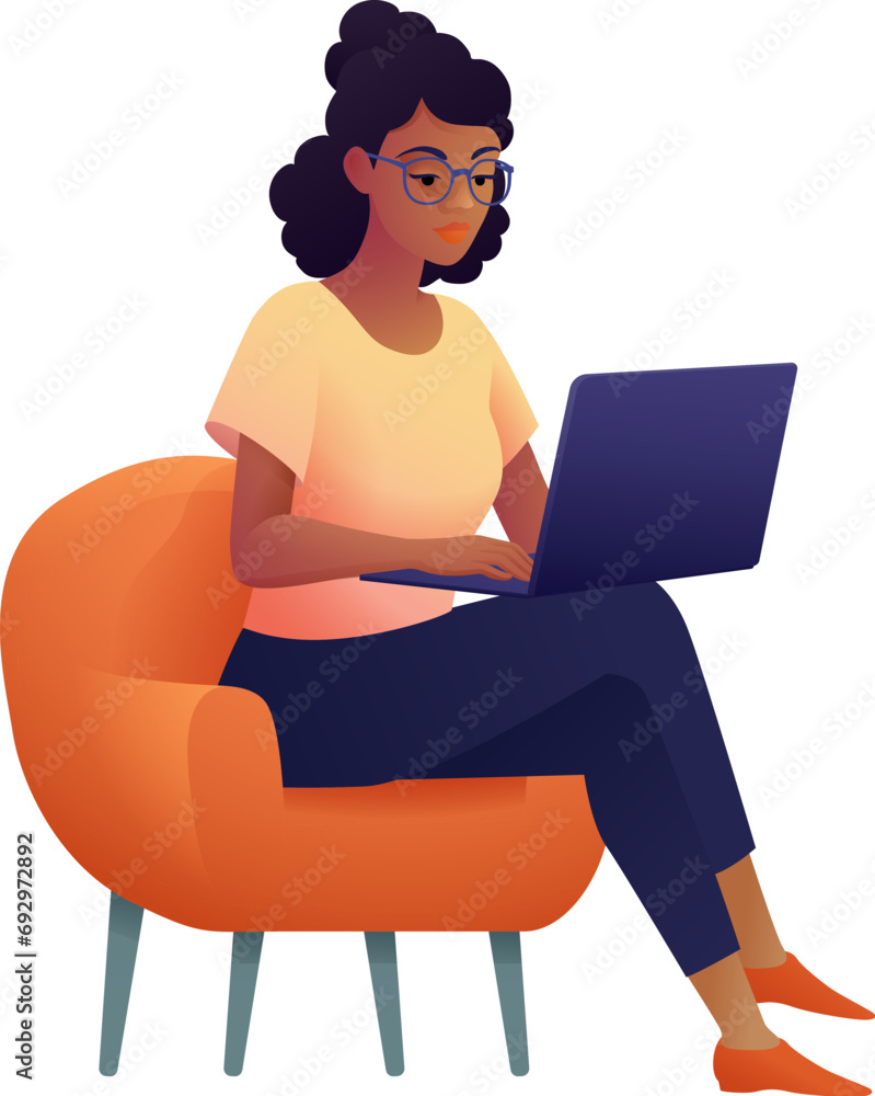 A woman, person, using a laptop computer cartoon illustration. Possibly remote working online from home or running a business as an entrepreneur or freelancer. Could also be a college student studying A woman, person, using a laptop computer cartoon illustration. Possibly remote working online from home or running a business as an entrepreneur or freelancer. Could also be a college student studying