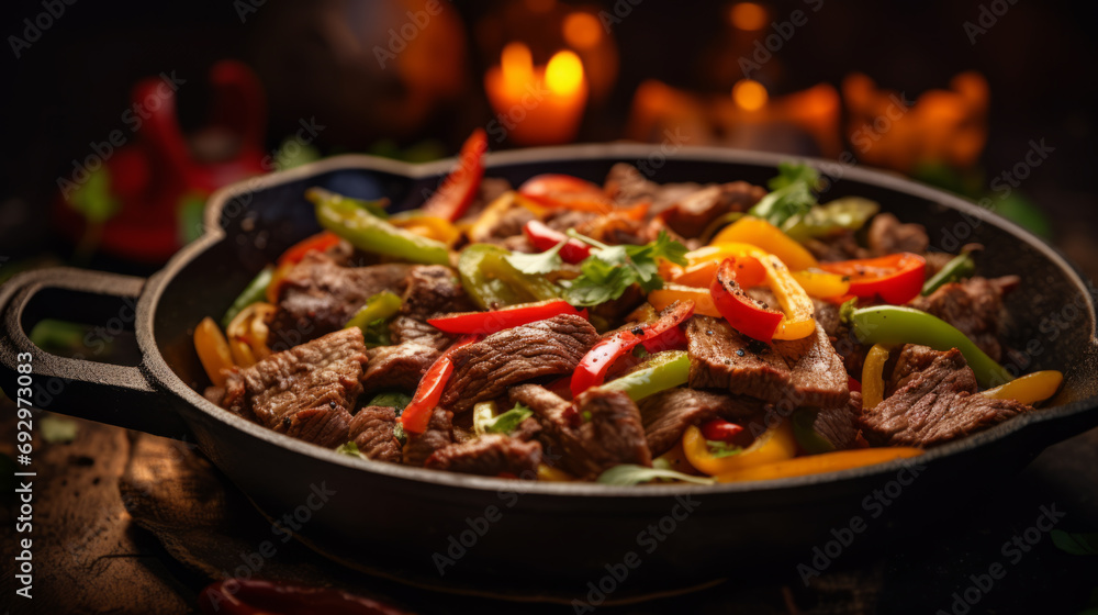 Fajitas with colorful bell peppers in pan a Fajitas with colorful bell peppers in pan a