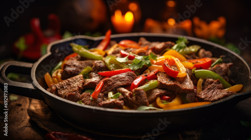 Fajitas with colorful bell peppers in pan a photo
