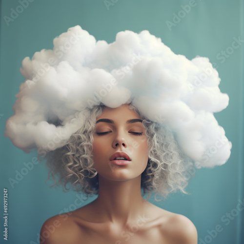 Girl's head covered with cloud portrait art image