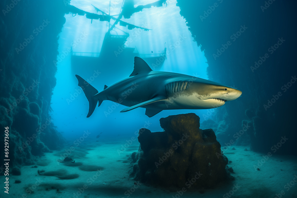 Obraz premium Sand tiger sharks swimming majestically through a sunken shipwreck