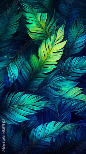 Dynamic neon light design with a cascade of turquoise and gold tropical leaves on a rainforest 3D surface © Johnny since  