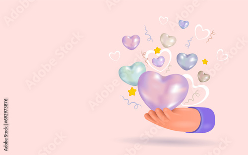 A 3D cartoon human hand holds a heart. Vector illustration.
