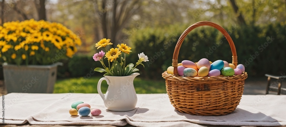 Colorful Easter egg basket on the table outdoors with beautiful spring background, copy space. Beautiful Easter background concept.