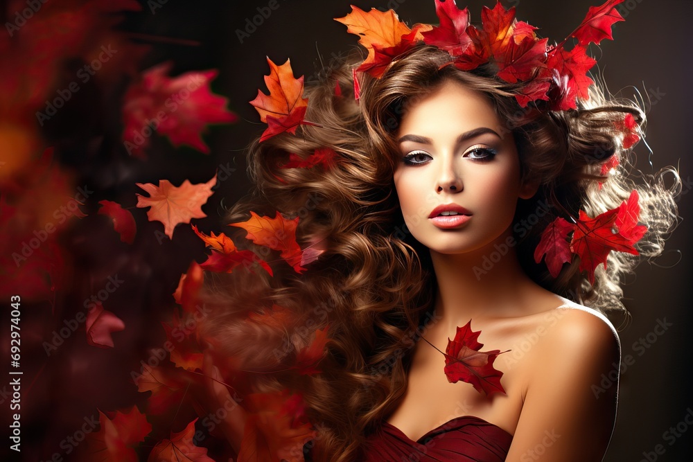 Fototapeta premium Girl Model Fashion Beauty leaves red blowing woman Autumn fantasy fall hair make-up coiffure leaf nature magic fairy colours style hand background portrait lady art wind design glamour dream face