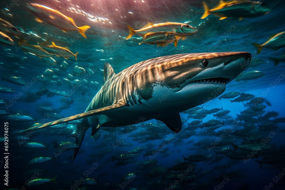 Naklejka premium Schools of mackerel surround a blue shark
