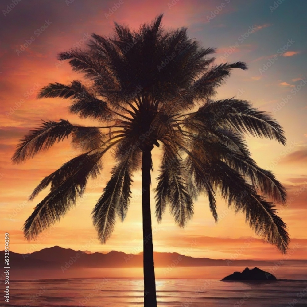 sunset on the beach and palm tree