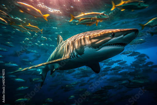 Schools of mackerel surround a blue shark