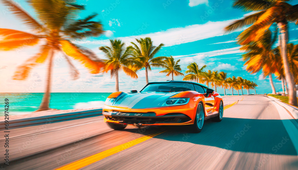 Sports car on the beach with sunset and palm trees