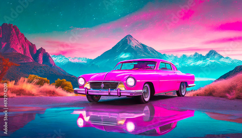 Pink vintage car on the road with mountains background