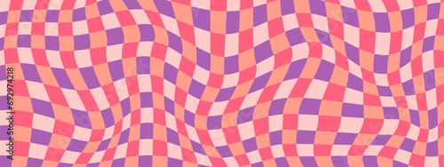 Groovy wave psychedelic checkerboard background. Hippie, retro chessboard template