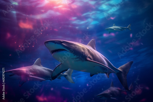 sharks set against the backdrop of an aurora-filled sky © artefacti