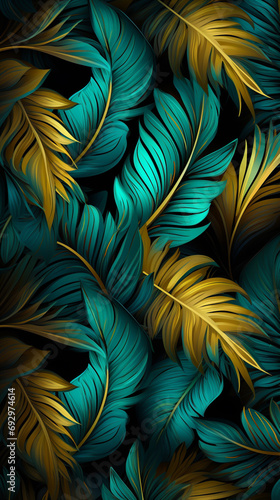 Dynamic neon light design with a cascade of turquoise and gold tropical leaves on a rainforest 3D surface