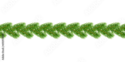 Christmas branch border 3D. Green garland isolated on white background. Template texture for holiday banner, decoration, invitation, New Year card. Elegant realistic design Vector illustration