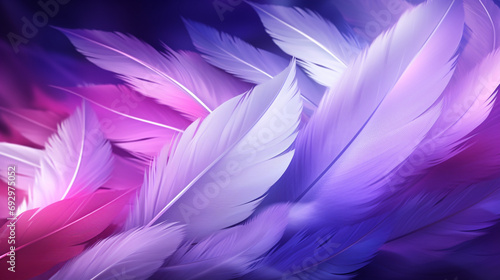 Neon light design showcasing a series of purple and white feathers on a soft 3D background