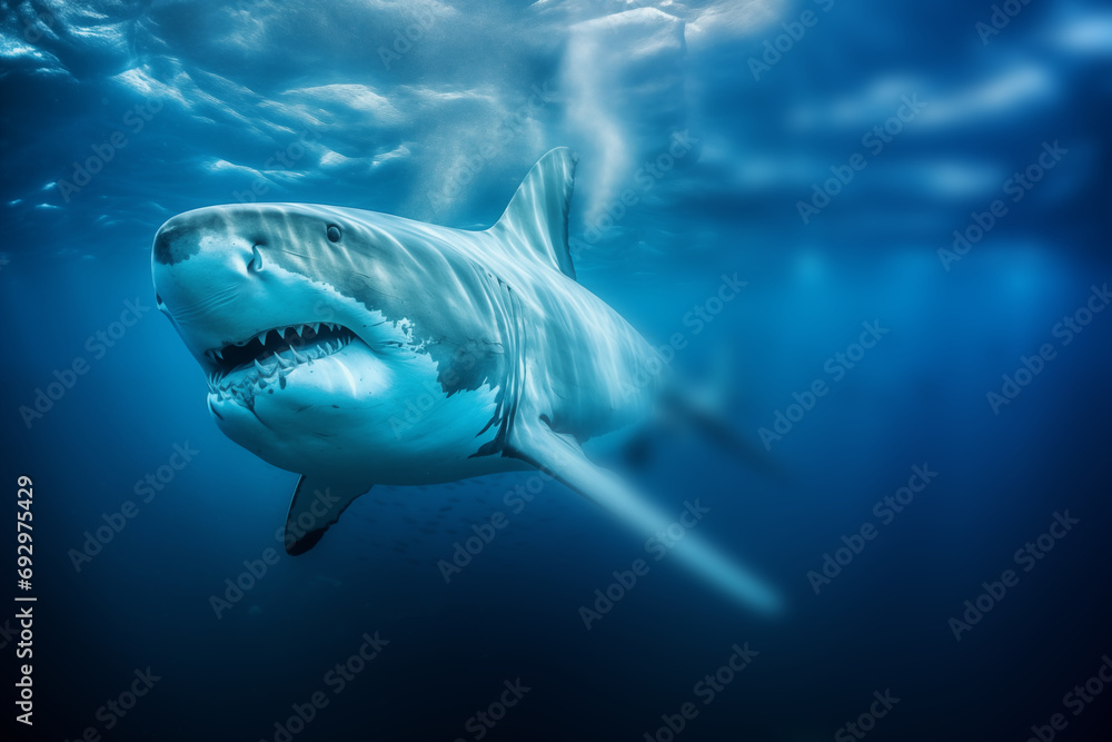 Fototapeta premium shark swimming around towering icebergs in an underwater wonderland