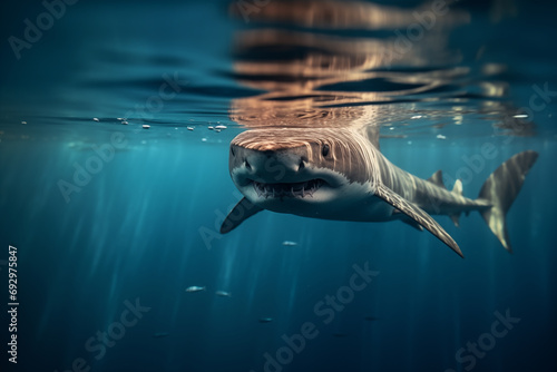 A shark swimming just below the surface of the sea photo