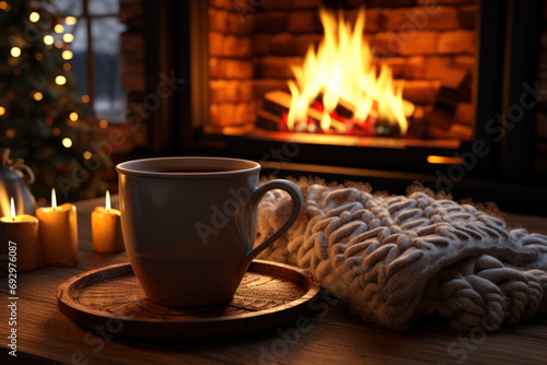 A cozy fireplace scene, complete with shared stories and mugs of hot cocoa, embodying the coziness of love. Generative Ai.