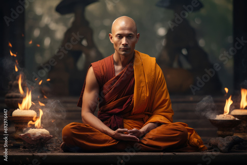 A Buddhist monk in meditation, embodying the pursuit of inner peace through spiritual practices. Generative Ai. photo