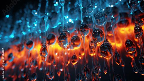 Neon light graffiti featuring a lattice of orange and blue water droplets on a rainy 3D background photo