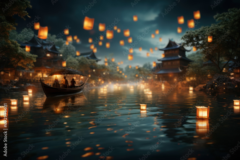 A floating lantern festival on a calm river, symbolizing the release of wishes and the collective aspiration for a world bathed in peace. Generative Ai.