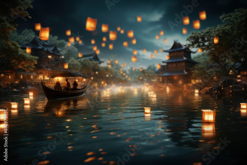 A floating lantern festival on a calm river, symbolizing the release of wishes and the collective aspiration for a world bathed in peace. Generative Ai.