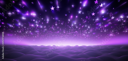 Dynamic neon light design with a pattern of purple and white stars on a celestial 3D surface