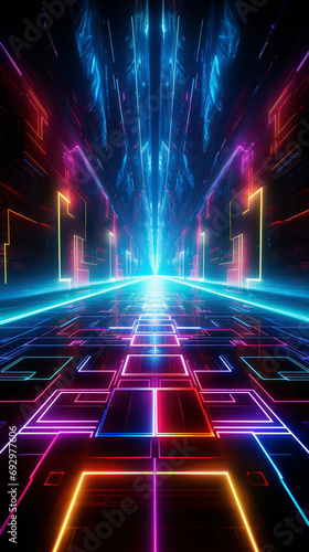 Vibrant neon light graffiti with a burst of blue and red laser beams on a sci-fi 3D surface