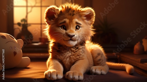 Bright illustration with animal lion in a 3D cartoon style for children up to school and school age, beautiful characters of wild and domestic animals