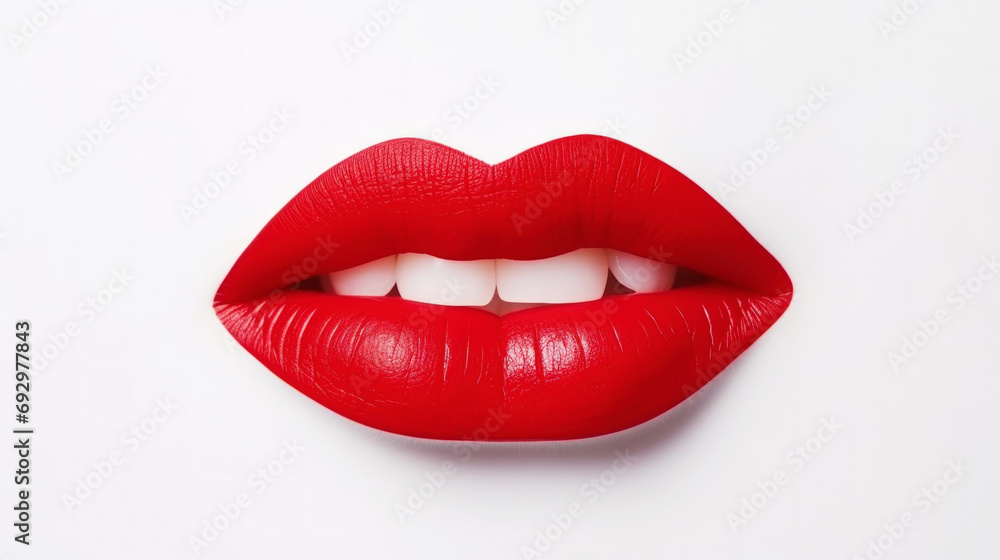 Obraz premium Closeup of lips with red lipstick. White background. Aesthetic makeup concept. Generative AI