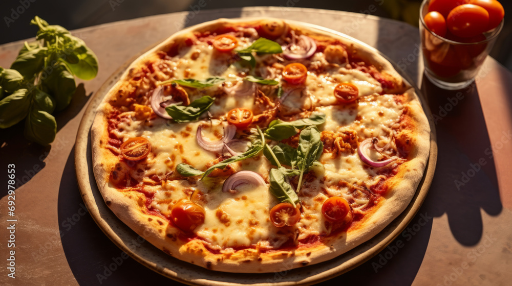 A delicious and tasty Italian pizza with tomatoes and mozzarella on a beautifully served table