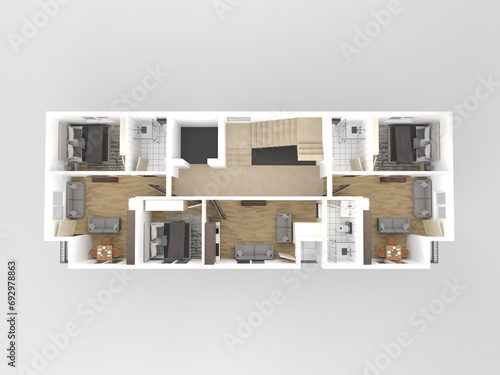 3d plan of apartment with furniture and white walls, 3d render, illustration. Perspective view.