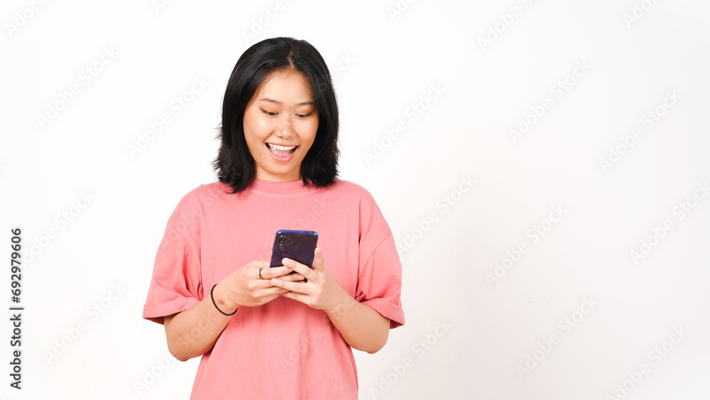Young Asian woman using smart phone isolated on white background with copy space. Young Asian woman using smart phone isolated on white background with copy space.