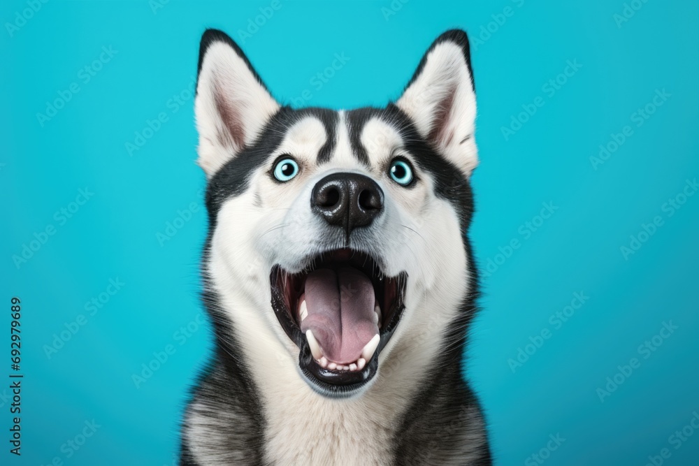 Purebred Husky Dog Portrait with Mouth Open and Tongue Out on a Turquoise Blue Background. Sled Dog Canino Animal Photography - obrazy, fototapety, plakaty 