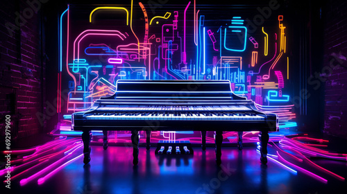 Vibrant neon light graffiti with a series of black and white piano keys on a musical 3D surface photo