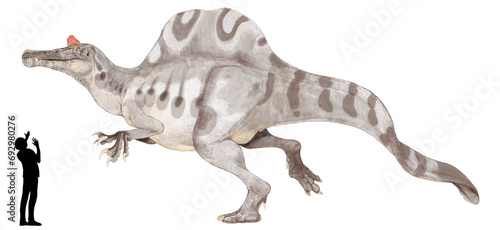 オキサライア。スピノサウルス亜科の大型獣脚類　ブラジルの後期白亜紀の地層から発見された頭蓋骨からスピノサウルスに匹敵するほどの大きさであると推定されている。魚食性であり、泳ぎが達者であったと推定されている。手描きの復元想像図。生成AIではない。 photo