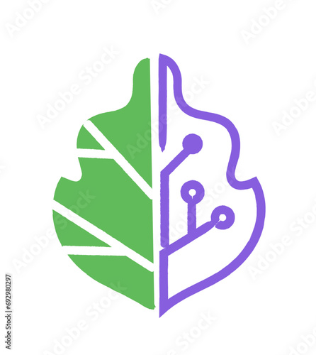 Leaf consisting of biological and technologcal parts, biotechnology concept