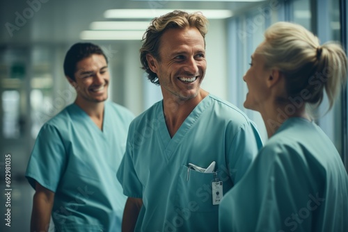 Mature male Caucasian doctor in green medical uniform talking to his colleagues in medical facility. A team of experienced clinicians discusses the patient's examination results and treatment options. photo