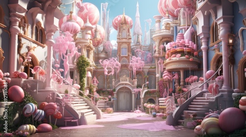 Wonderful fantasy pink castle for fairytale princess. Elegant towers, columns and stairs decorated with giant lollipops, candies and sweets. A fairytale dream castle for all little children. photo