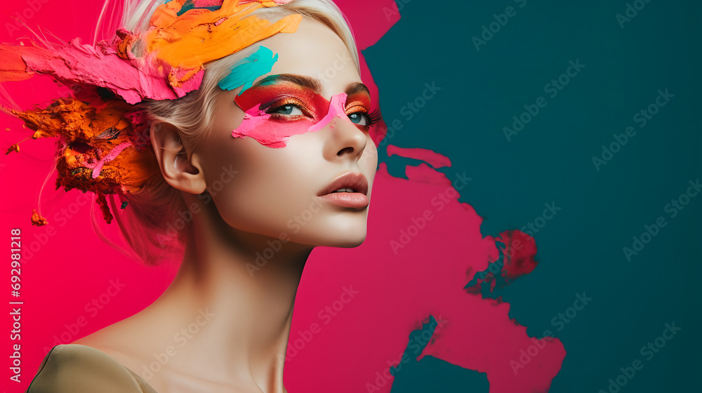 Colorful banner with beautiful woman face with artistic makeup and paint splashes. Beauty fashion cosmetics interior decor concept - obrazy, fototapety, plakaty 