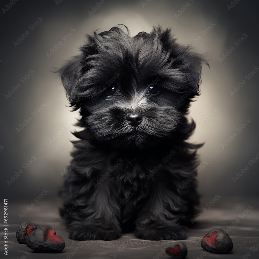 schnauzer puppy on a black background with little hearts