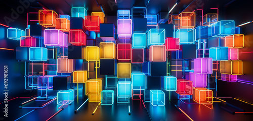 Vibrant neon light graffiti with abstract, multicolored squares on a cubic 3D surface